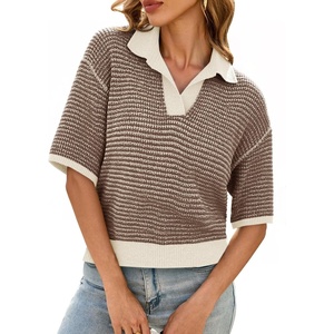 image:imageCicy Bell Womens Striped Cropped Sweaters Short Sleeve Knit Fall PulloverCoffee