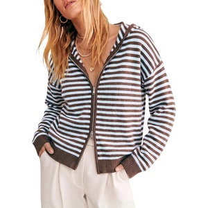 image:imageCicy Bell Womens Striped Hooded Cardigan Zip Up Knit Long Sleeve SweatersCoffee